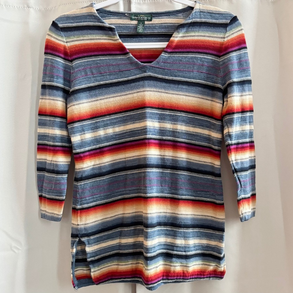 LRL Lauren Ralph Lauren Western Striped Linen Blend‎ V Neck Small Boho 19327x